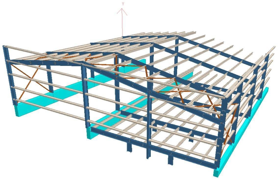 Modelo 3D de un edificio con estructura de acero en construcción, con vigas estructurales y cerchas de techo azules.