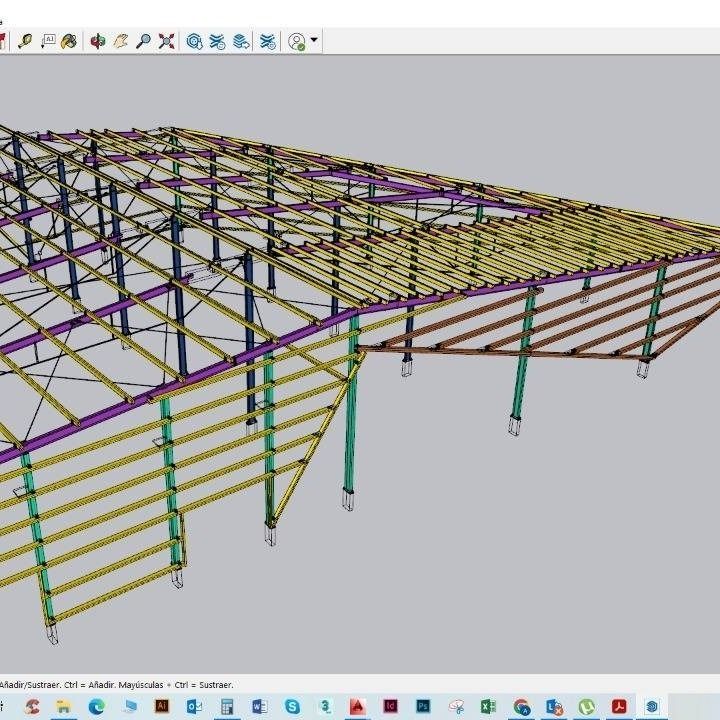 Modelo estructural 3D de un techo con estructura de acero, vigas, columnas y cerchas en vista CAD.