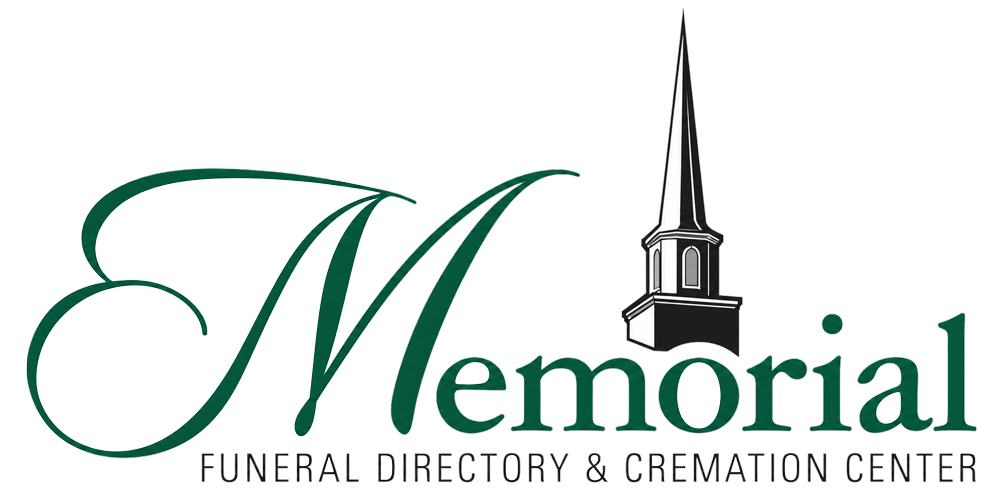 Memorial Funeral Home logo with green script text and a black steeple icon