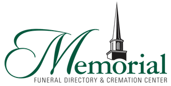 Memorial Funeral Home logo with green script text and a black steeple icon