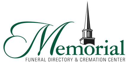 Memorial Funeral Home logo with green script text and a black steeple icon
