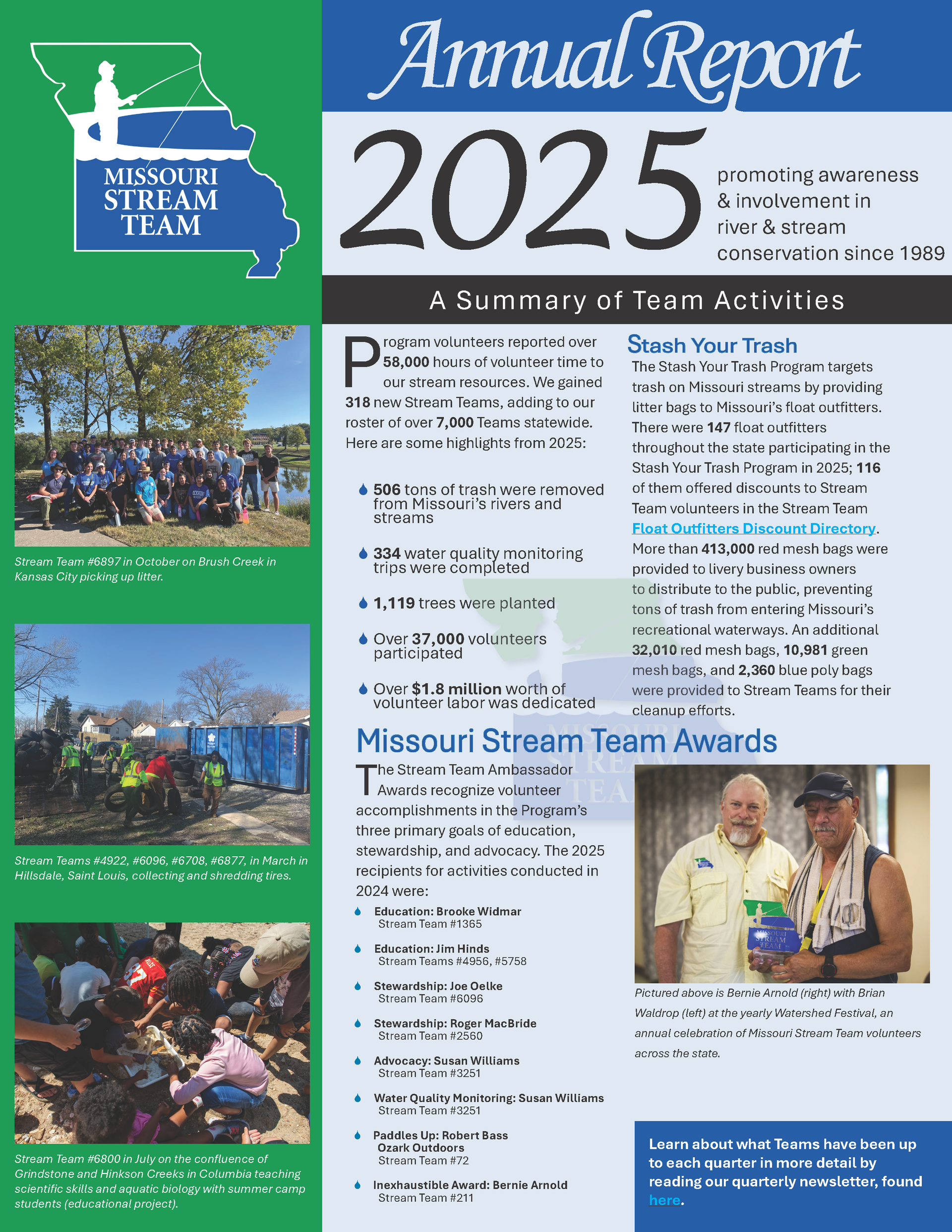Annual Report 2025 cover with blue-and-white layout, photos, and Missouri Stream Team Award text