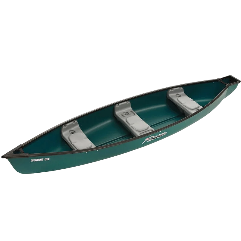 Green canoe with three gray seats on a white background