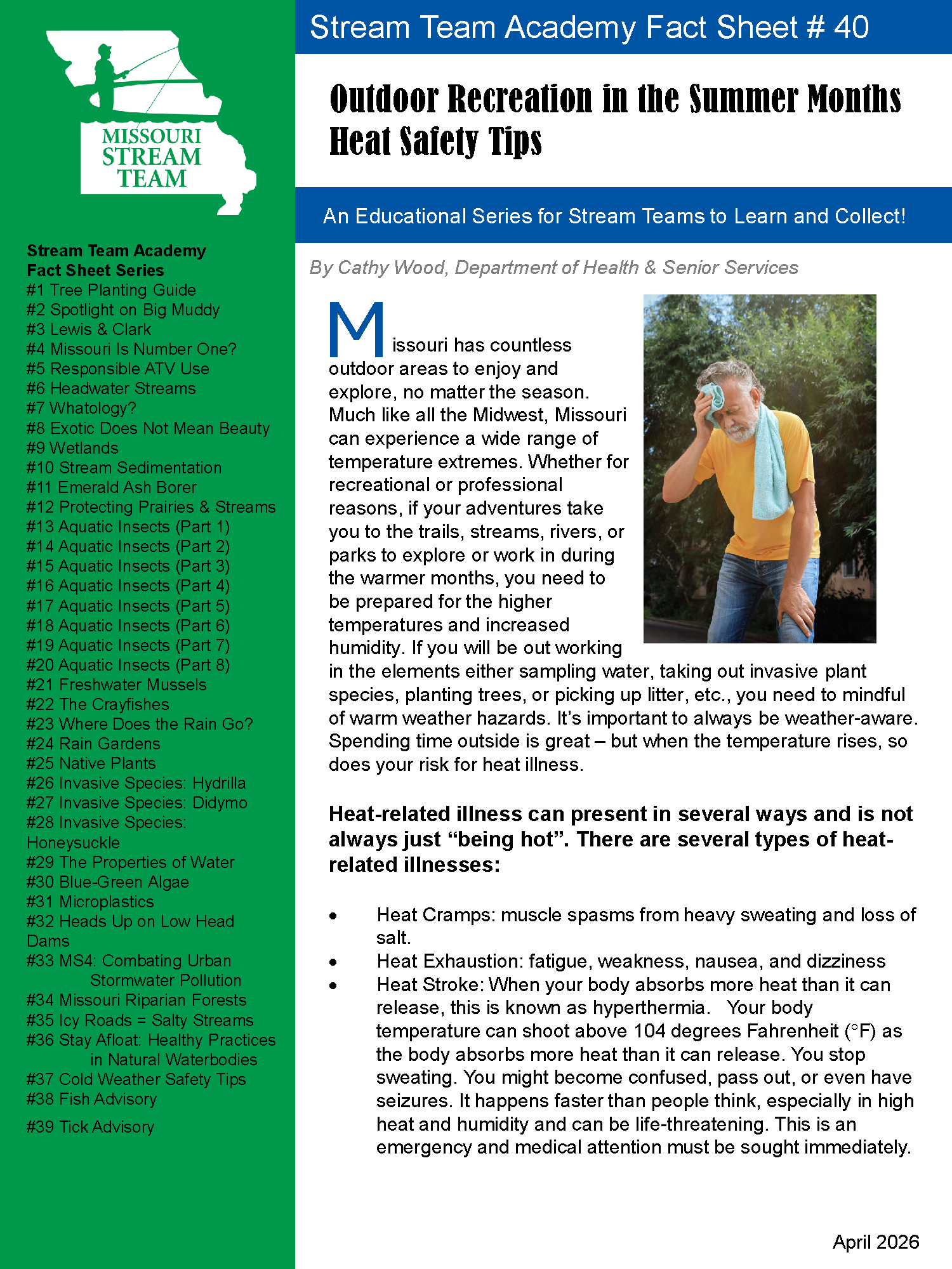 Fact sheet titled “Outdoor Recreation in the Summer Months” with a hiker in a yellow jacket by a stream.