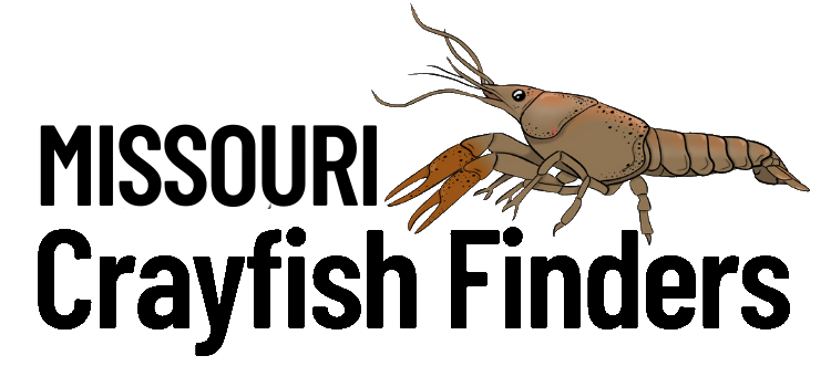 Missouri Crawfish Finders logo with a brown crayfish and bold black text on white background