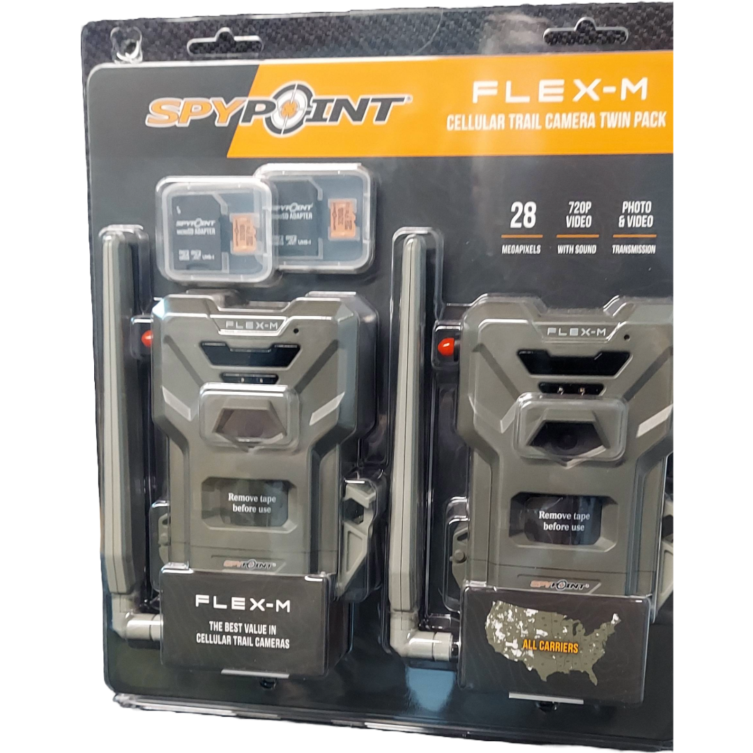 SpyPoint FLEX-M trail camera package in black and orange retail packaging with two cameras shown.
