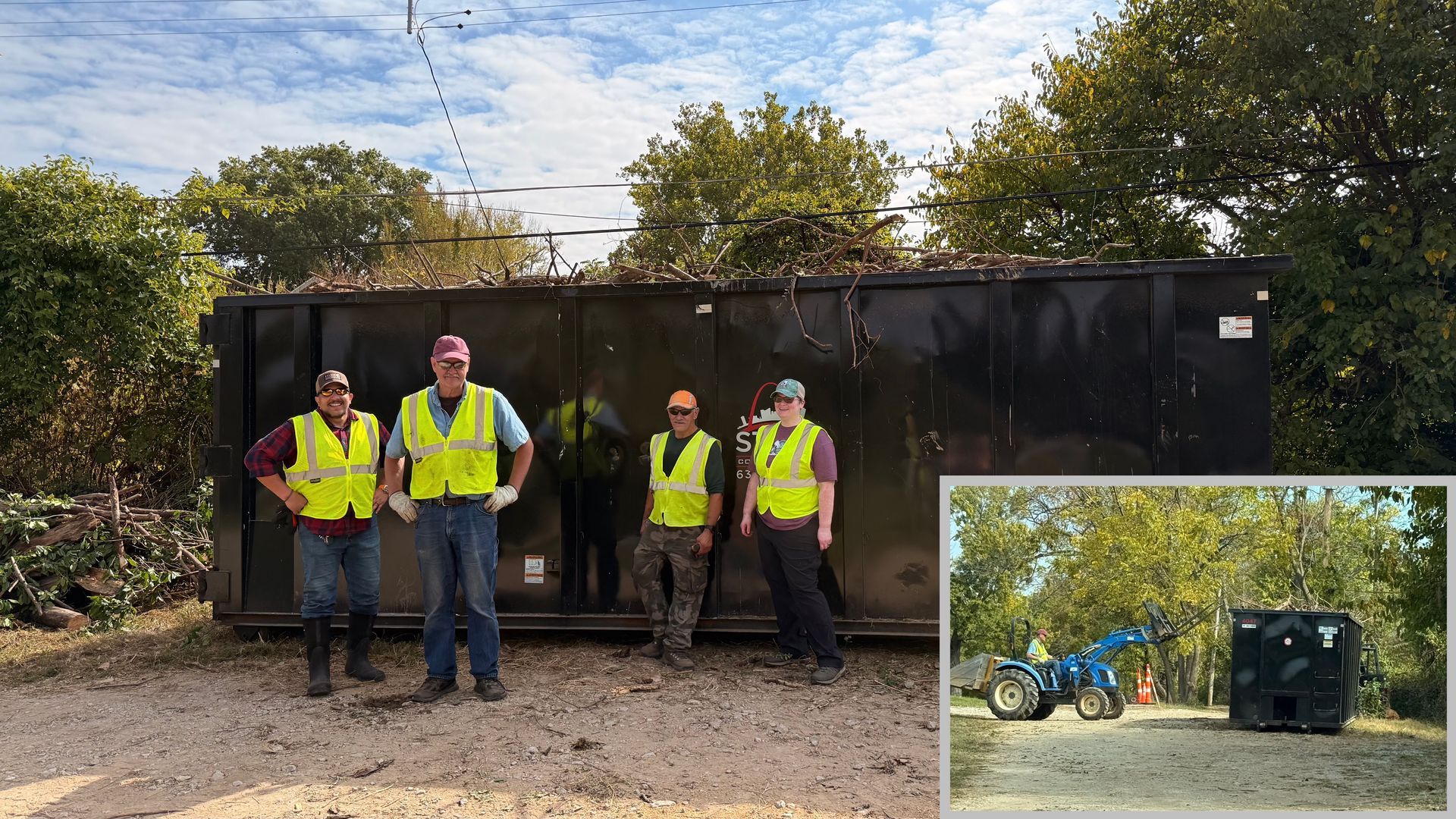 Four workers in hi-vis vests stand before a large black dumpster; inset shows a loader beside a refuse container.