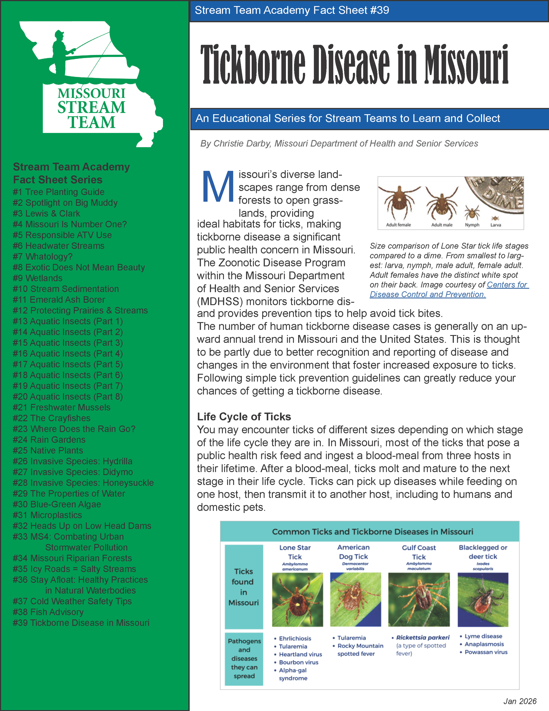 Missouri health poster titled “Tickborne Disease in Missouri” with green side panel and charts.