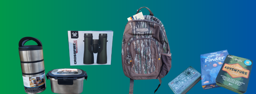 Assorted camping gear and snacks on a turquoise background, including a backpack, binoculars, lantern, and food boxes