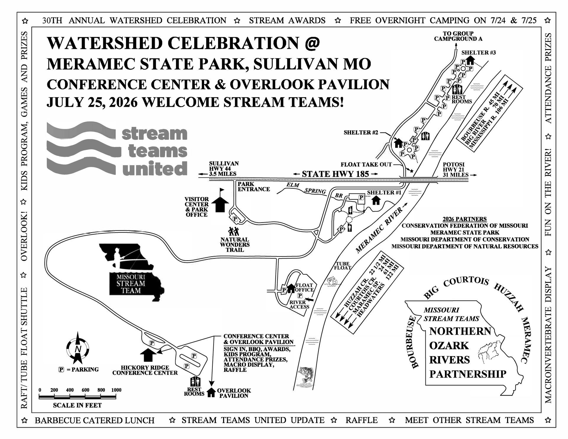 Watershed celebration event flyer for Mifflinburg State Park, Sullivan, July 25, 2026, with map and sponsors