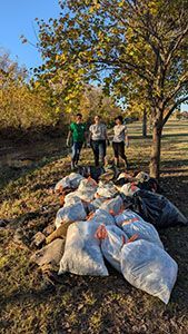A group of people are standing next to a pile of trash bags in a park.