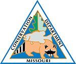 The logo for the Missouri department of Conservation is a triangle with a bear and fish on it.