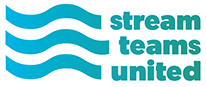 A blue and white logo for stream teams united
