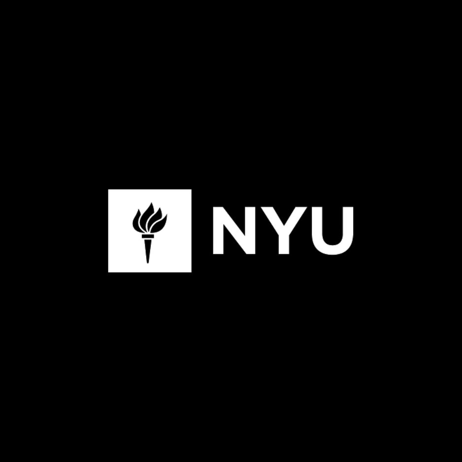 NYU logo in white on a black background, with the torch icon beside the letters NYU