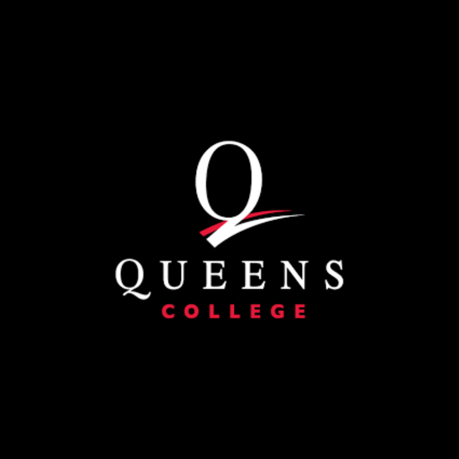 Queens College logo on black background, white “Q” and text with red accent line