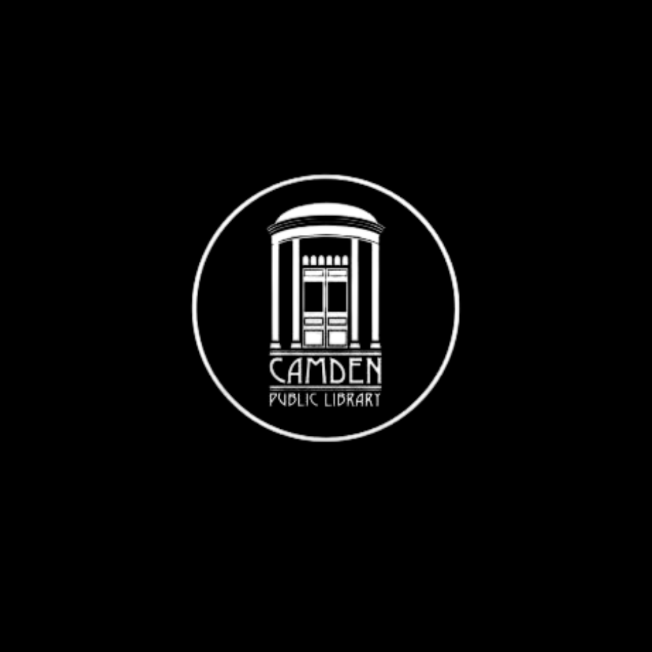 Camden Public Library logo in a white circle on a black background