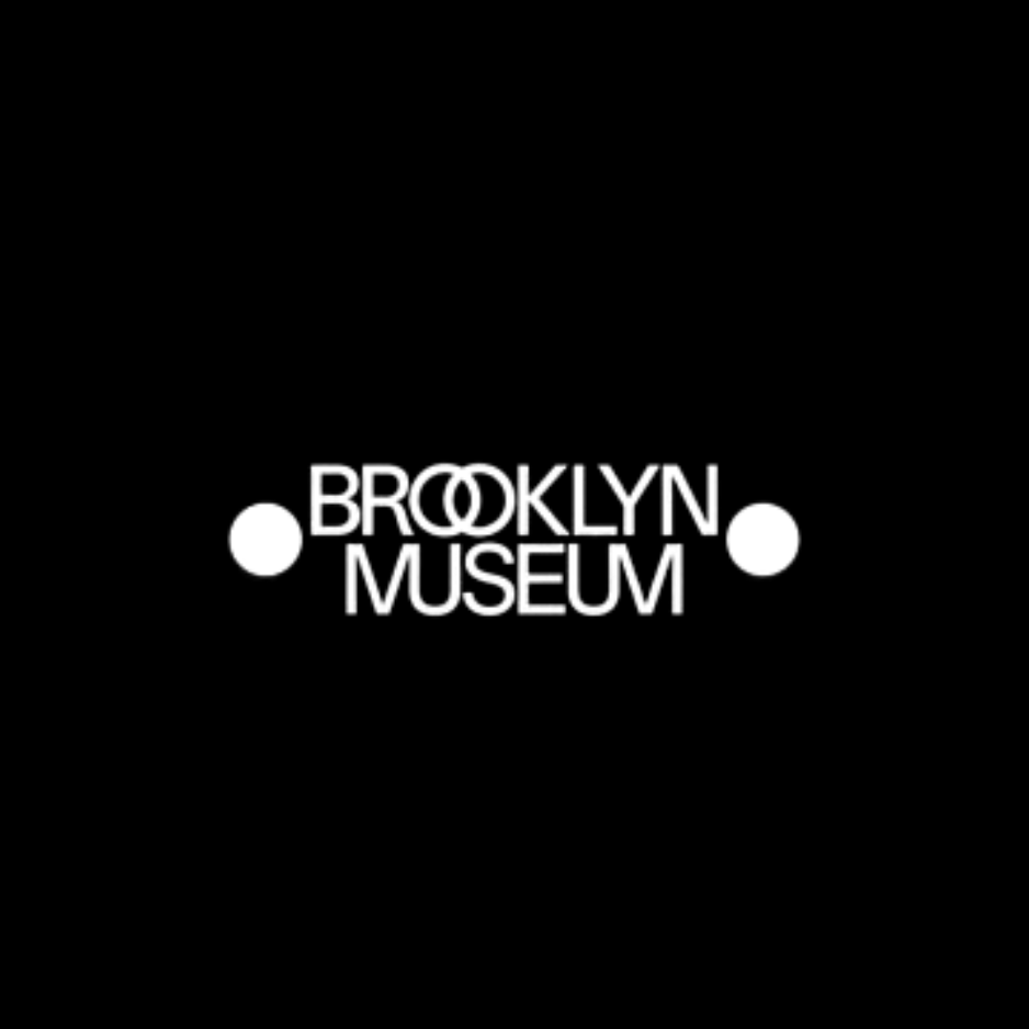 Brooklyn Museum logo in white on a black background, with two white circles on either side