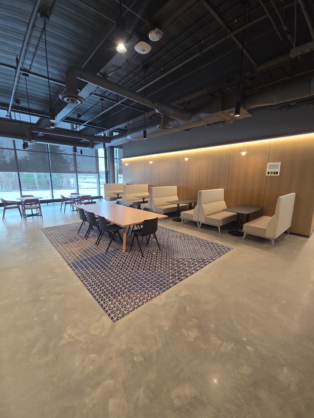 Modern lounge with table, chairs, sofas, rug, and large windows in an open office space