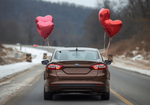 Car driving down road with heart balloons tied to the sides | Crowne Automotive
