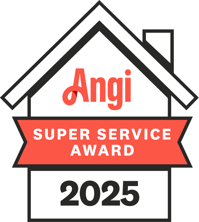 Angi Super Service Award 2025 badge featuring a red and white house outline and banner.