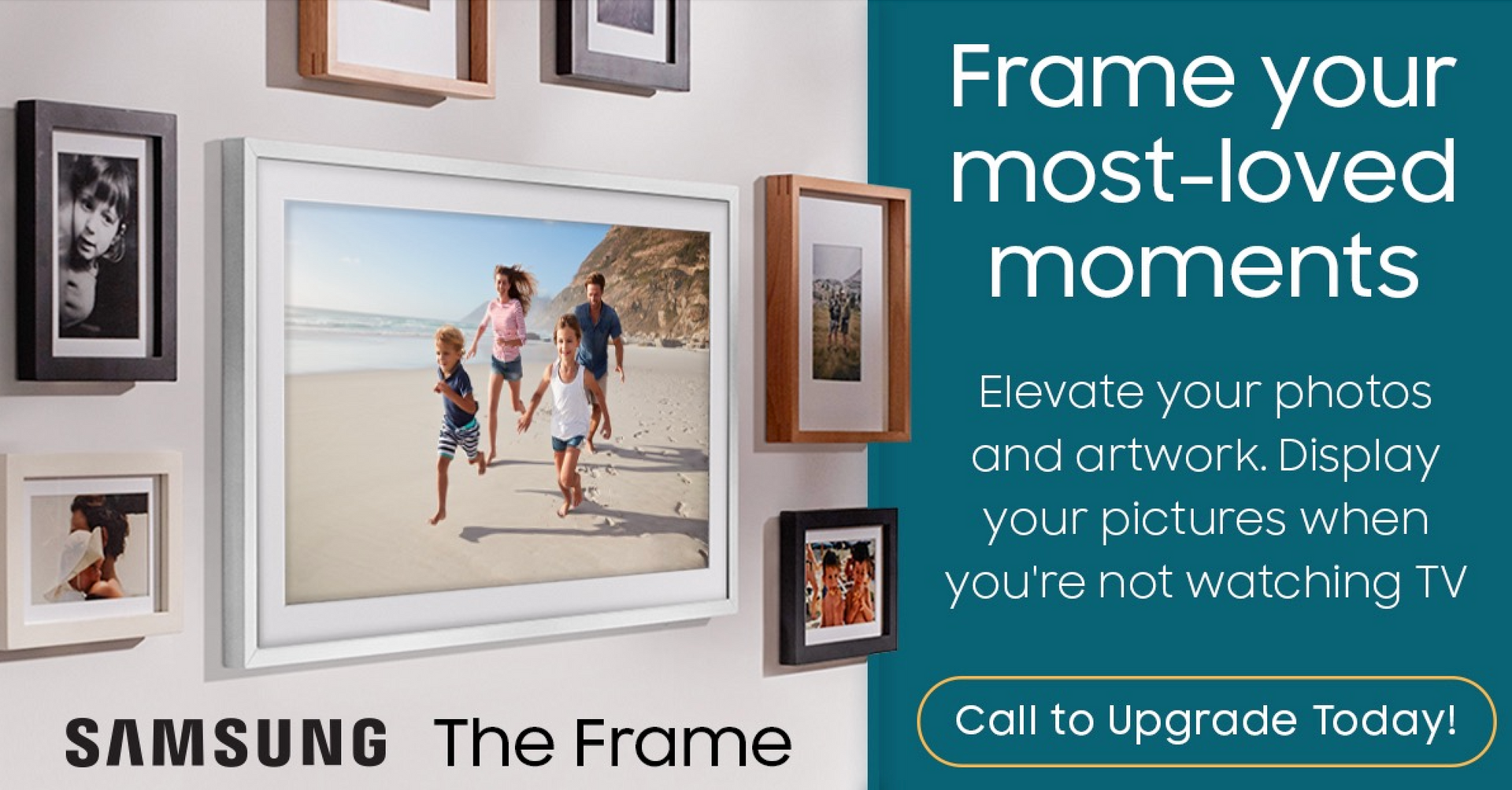 Samsung The Frame TV ad: Family beach photo displayed on wall, with other framed artwork.
