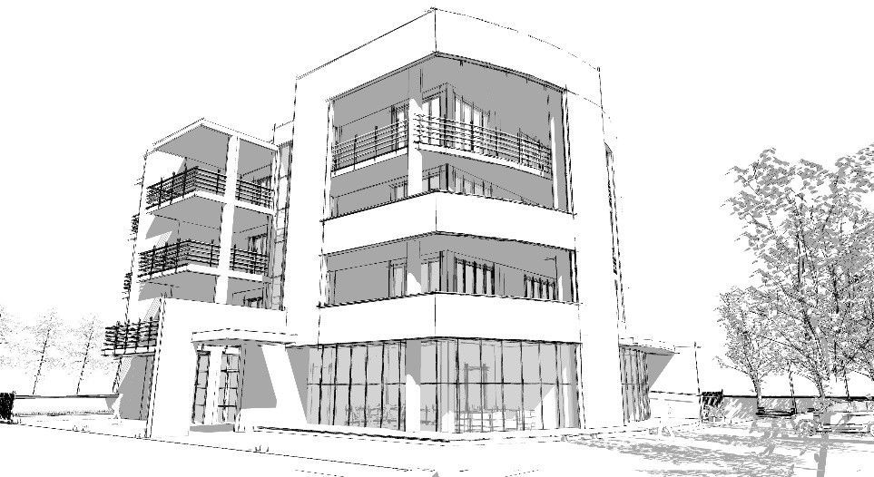 Schizzo architettonico di un moderno edificio a più piani con balconi e piani terra con facciate in vetro.