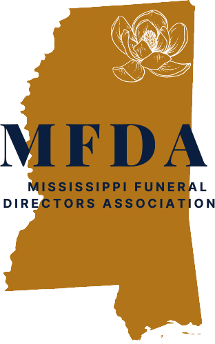 Mississippi Funeral Directors Association logo with gold state outline, white flower, and navy MFDA text