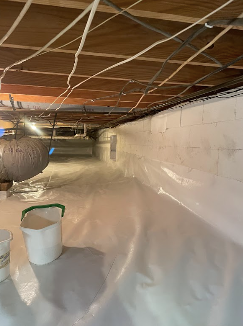 A bucket is sitting in the middle of a basement.