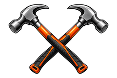 Crossed silver-and-orange claw hammers on a white background