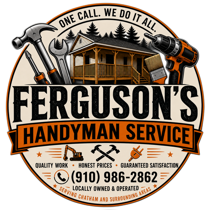 Ferguson&rsquo;s Handyman Service logo with tools, house, and phone number on orange and black emblem
