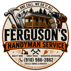 Ferguson’s Handyman Service logo with tools, house, and phone number on orange and black emblem