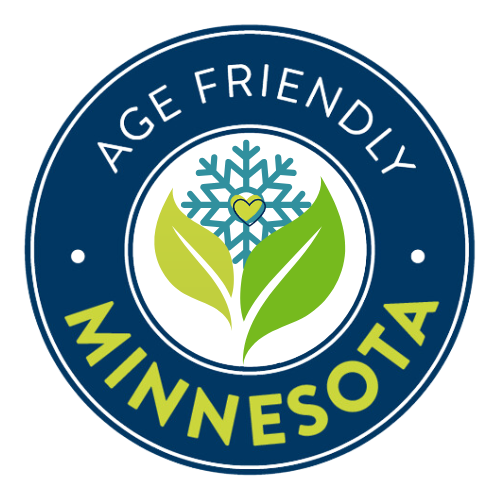 A graphic of leaves, snowflake and heart surrounded by the text Age-Friendly Minnesota