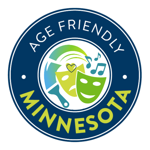 A blue circle with the icon of a hand with a green heart in the center. The words Age-Friendly Minnesota encircle the icon