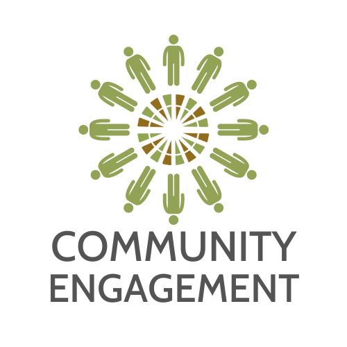 the words Community Engagement in grey below a circle of small green people circling the MN Leadership Council on Aging logo