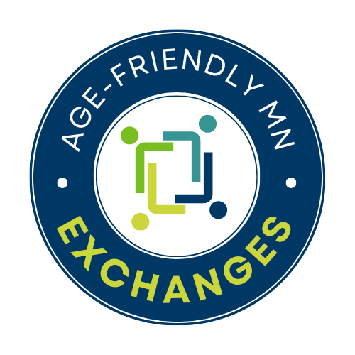 A blue circle with the icon of a four different people in the center. The words Age-Friendly Minnesota Exchanges encircle the icon
