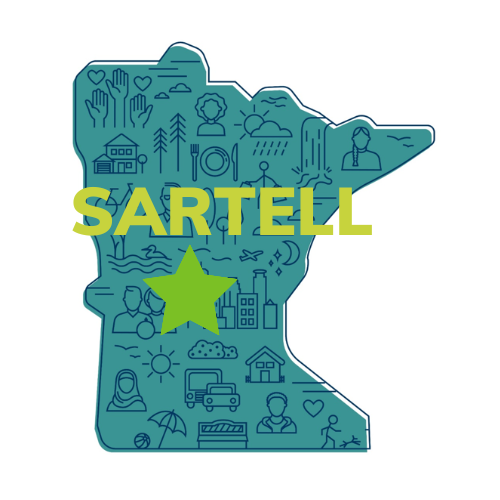 a blue map of the state of Minnesota with the word and a green star in the middle of the state