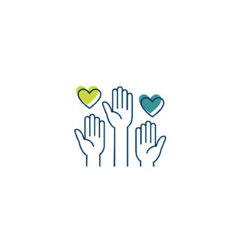 three hands being raised with two hearts