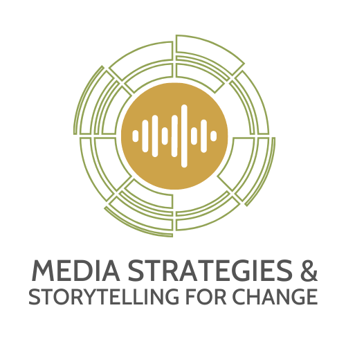 A circle image of sound waves in gold surrounded by a technology pattern in green over the words Media Strategies & Storytelling for Change
