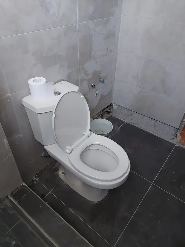 Baño pequeño con azulejos, inodoro blanco, rollo de papel higiénico y lavabo a la vista.