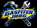 Logotipo con llave inglesa y martillo cruzados detrás del texto azul y amarillo que dice “GASFITER JRRG”