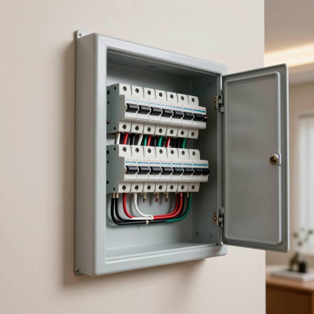 Open electrical breaker panel with rows of circuit breakers and exposed wiring.