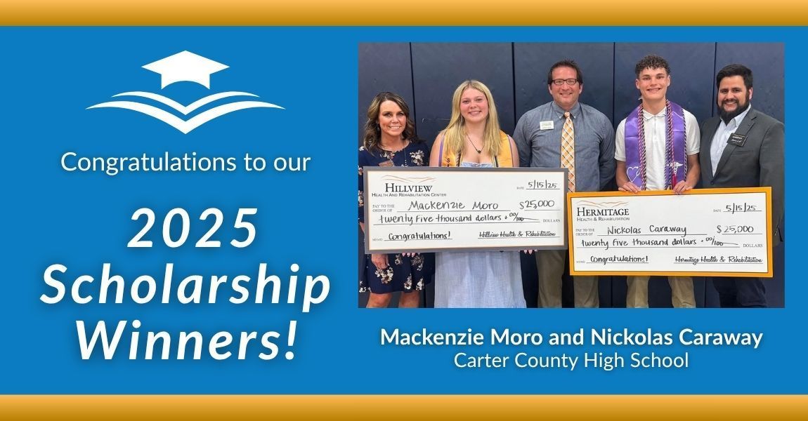 Blue scholarship announcement graphic: “Congratulations to our 2025 Scholarship Winners!” with students holding checks.