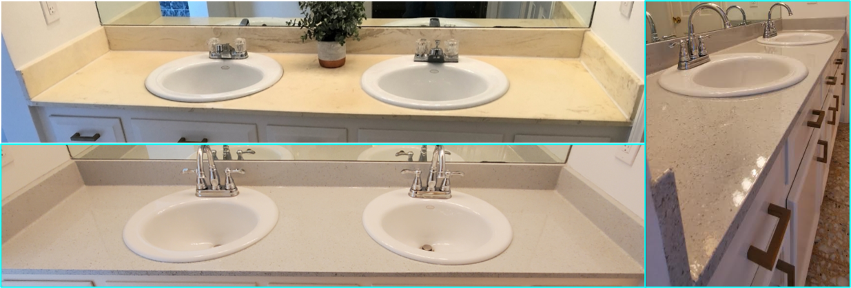 Updated bathroom vanity tops with a fresh refinish to a modern look.