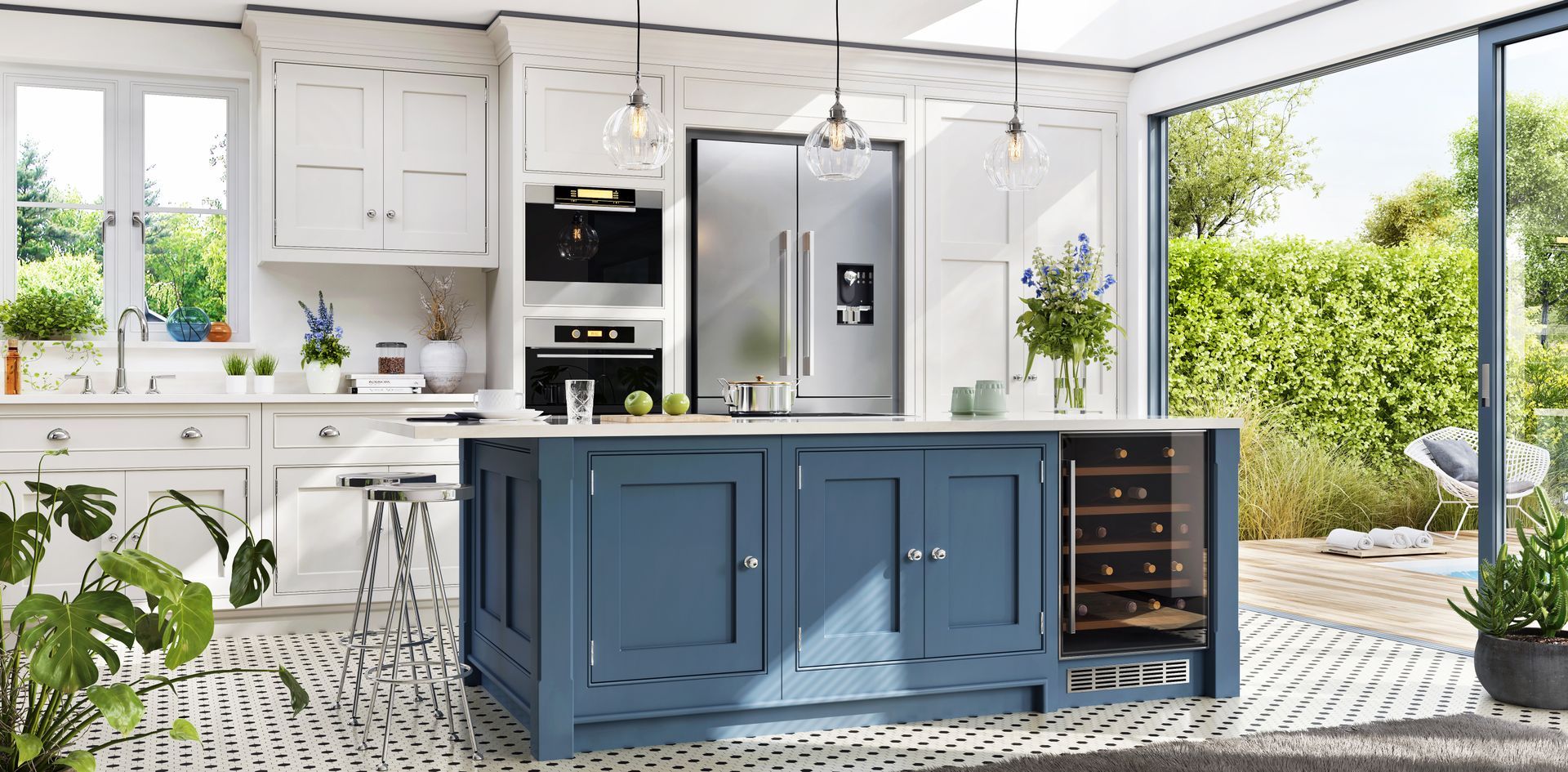A modern kitchen with blue island, stainless steel refrigerator, and large windows with a view.