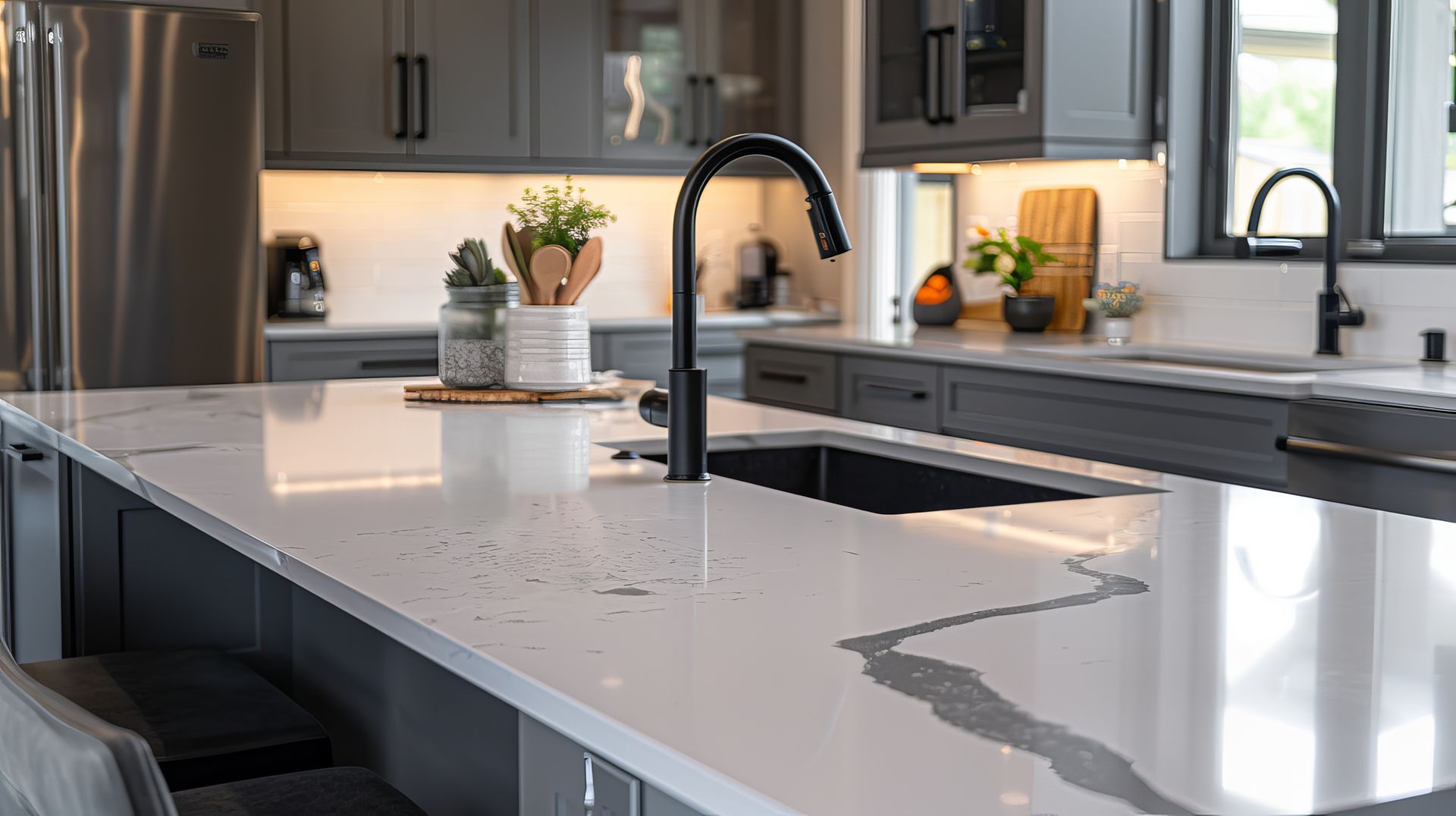 Modern kitchen with gray cabinets, white countertops, black faucet and sink, and stainless steel appliances.