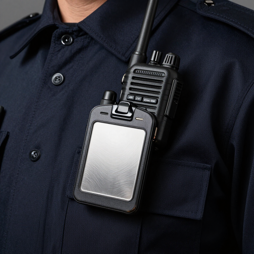 Equipo de seguridad privada: uniforme e insignia en primer plano