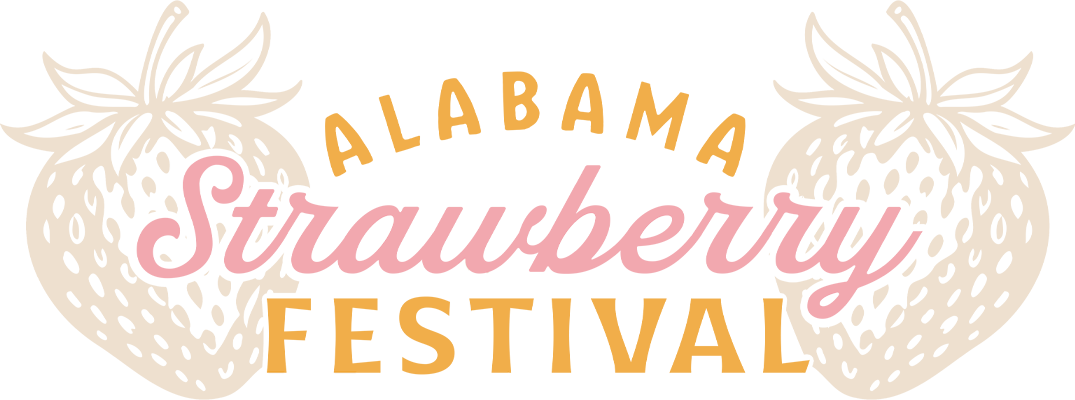 Logo for Alabama Strawberry Festival featuring strawberries and text in shades of pink and yellow.