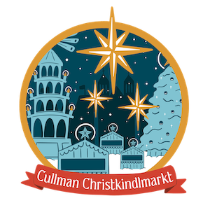 Cullman Christkindlmarkt logo: buildings, stars, Christmas tree, and a banner with text on a circular background.