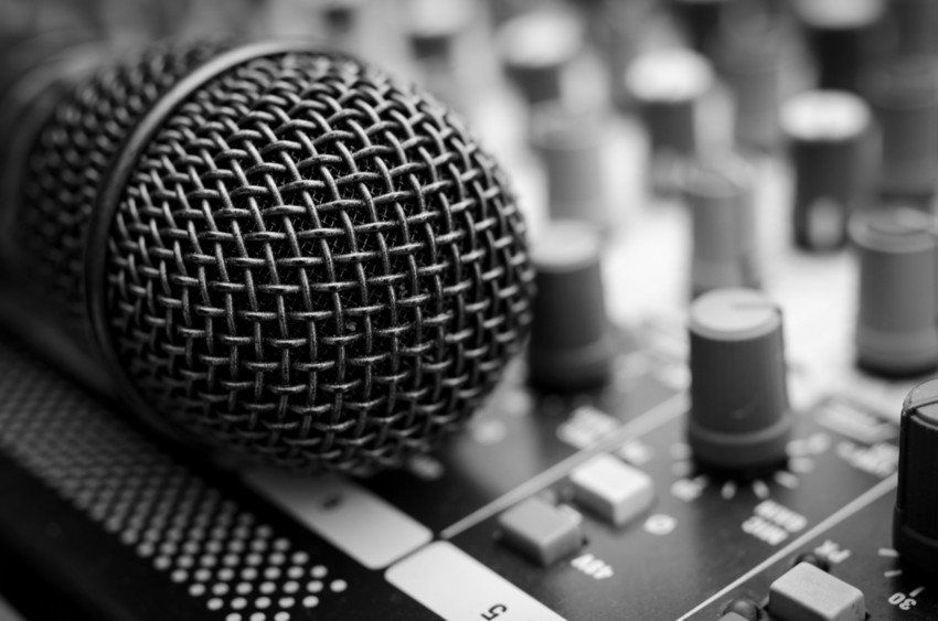 Vintage amplifier close up and microphone