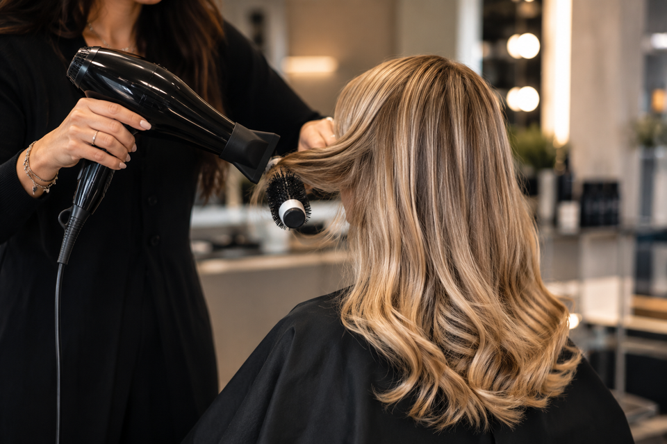 Una parrucchiera asciuga con il phon lunghi capelli biondi in un salone.